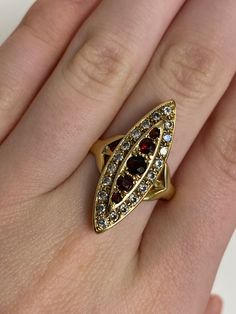 9ct Rare Find Vintage Yellow Gold Garnet & Cubic Zirconia Dress Ring * January Gemstone  🔹Sale Price - £235.00 🔹Ring Size - T (UK) , 10 (USA) 🔹Weight - 5 grams All articles come presented in a gift box January Gemstone, Targaryen Queen, Eclectic Outfits, Pretty Accessories, Red Ring, Dress Ring, Garnet Jewelry, Fancy Jewelry, Dress Rings