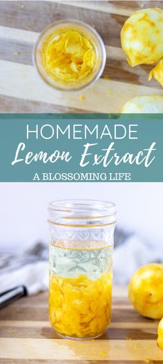 homemade lemon extract in a glass jar on a cutting board