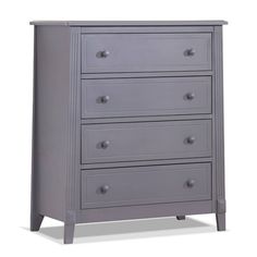 a gray dresser with five drawers on it