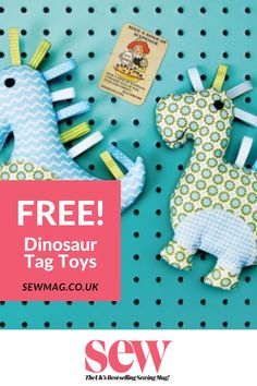 two stuffed animals are sitting next to each other on a blue background with the text free dinosaur tag toys sewmag co uk