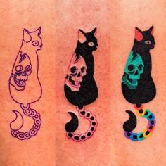 three different colored tattoos on the back of a person's stomach, with cats and dogs