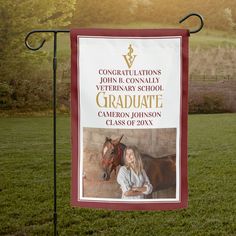 a graduation banner with a photo of a woman and a horse