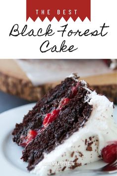 the best black forest cake with cherries and whipped cream on top is shown in this image