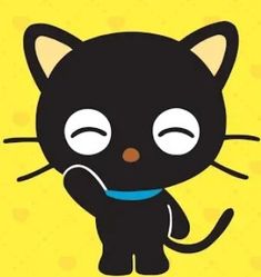 a black cat with its eyes closed sitting on a yellow background and the caption says, i love you