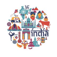 the word india is surrounded by various symbols and things that are depicted in this illustration