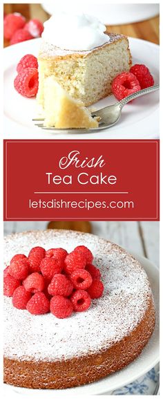 there is a cake with raspberries on it and the words irish tea cake