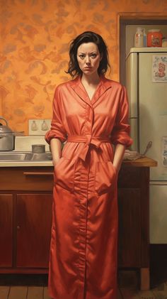 a painting of a woman in an orange robe standing next to a kitchen counter top