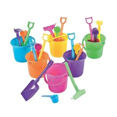 there are many different colored buckets with shovels and rakes in them on the white background