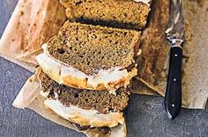 slices of cake sitting on top of paper with a knife next to it and another piece of bread in the background