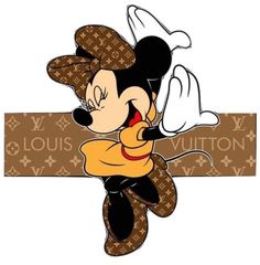 a cartoon mickey mouse is holding a louis vuitton sign with his head on it