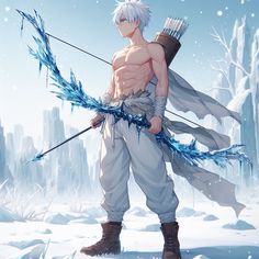 an image of a man with white hair holding two arrows in his hands while standing in the snow