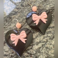 Heart Chunky Black With Rose Bead And Bow Knot Center Cabachon Raver Goth 1990s 1980s Style Open Love Lovers Post Stud Oversized Earring Large Big Diva Glam Basketball Wives Enlarged Size These Are Large 3" Long Earrings Lightweight Plastic Acrylic Cute Black Earrings For Valentine's Day, Cute Black Party Earrings, Retro Pink Earrings For Party, Retro Pink Party Earrings, Peach Vintage, Basketball Wives, Movie Ideas, Bridal Statement Earrings, 1980s Style