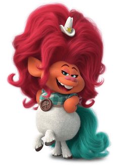 a cartoon character with long red hair sitting on top of a white sheep's back