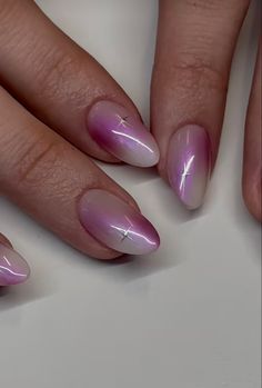 Glass Manicure Nails, Magenta Aura Nails, Aroura Nail, Purple Pink Ombre Nails, Magenta Acrylic Nails, Deep Purple Nails Design, Purple Aura Nails, Rounded Acrylic Nails, Flame Nail Art