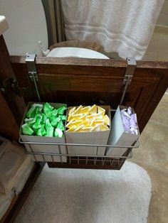 the bathroom is clean and ready to be used as a storage area for toiletries