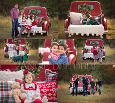 a collage of family photos in front of an old red truck with christmas decorations