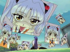 an anime scene with many pictures of the same character in different poses and expressions, including cat ears