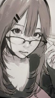 a drawing of a girl with glasses on her head and hair in the wind, holding a cell phone up to her ear