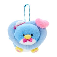 a blue and white stuffed animal with a pink bow on it's head hanging from a chain