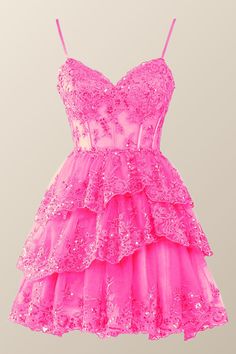 Glamorous tulle with bold embroidery radiates in the Navy color of this eye-catching A-line silhouette. Show off your style with spaghetti straps and a tiered ruffle skirt, plus a zip-up back that falls to mini length. Junior Prom Short Dresses, Light Pink Prom Dress Short, Hot Pink Dress Outfit Party, Short Princess Dress, Hoco Dresses Pink, Sequin Corset, Short Red Prom Dresses, Semi Dresses, Sequin Homecoming Dress