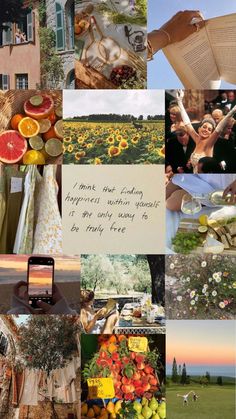 a collage of photos with people and flowers in them, including an open book