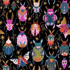 the colorful bugs are all over the black background