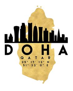 a black and gold poster with the word doha on it in front of a white background