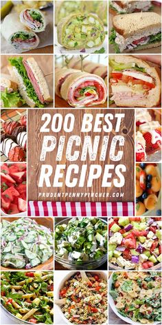 many different pictures of food with the words, 200 best picnic recipe's on them