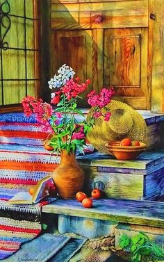 a painting of flowers in a vase sitting on some steps