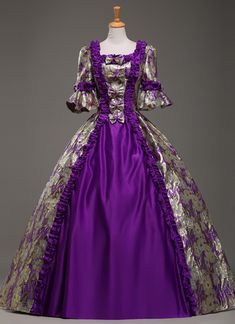 Purple Jacquard Retro Palace Prom Dress Renaissance Southern Victorian Belle Marie Antoinette Ball Gowns Costume   Condition: Brand New  Color: Purple Floral  Material: Cotton And Satins  Silhouette: Ball Gown  Sleeve Length: Short Sleeves  Dresses Length:Floor-Length  Neckline: Square Collar  Decoration: Lace  Style: Vintage  Includes: Dress    amp;nbsp; Victorian Dress Costume, Purple Ball Gown, Theatre Dress, Southern Belle Dress, Baroque Dress, Rococo Dress, Antoinette Dress, Belle Dress, Floral Gown