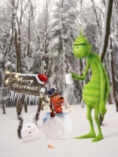 the grinch is getting ready to build a snowman in the woods with his friend