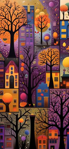 an image of trees and buildings in the night with oranges, purples, and reds