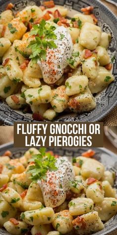 two plates with different types of food on them and the words fluffy gnocchi or lazy