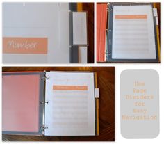 three photos of binders and folders with the title'use page dividers for easy navigation '