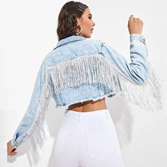 New Arrivals Distressed Denim Jackets Fashion Black Crop Women Jean Jacket Traje Cowgirl, Cowboy Jacket, Casual Denim Jacket, Fringe Jeans, Denim Coat Women, Denim Jacket Fashion, Long Sleeve Denim Jacket, Denim Jacket With Dress, Jean Vintage