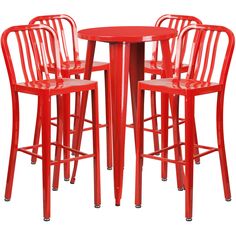 three red metal bar stools and a round table with four barstool chairs