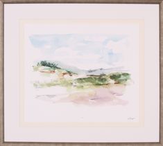 a painting with watercolors on paper in a brown frame, featuring mountains and clouds