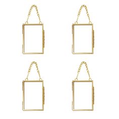 four square earrings with chains hanging from each side, all in gold tone and on white background