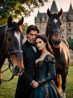 a man and woman standing next to two horses