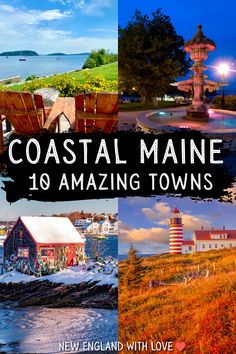 the cover of coastal maine's 10 amazing towns, including lighthouses and boats