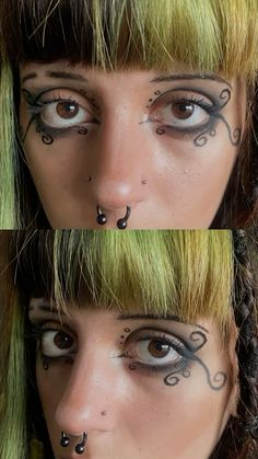 #eyeliner #alt #alternative #goth #gothic #alternativefashion #septum #nostril #nosepiercings Eye Makeup Alternative, Alt Eyeshadow Looks, Whimsical Goth Makeup, Big Eyeliner Goth, Alt Eyeliner Styles, Gothic Makeup Looks, Casual Goth Makeup, Eyeliner Alt, Big Eyeliner