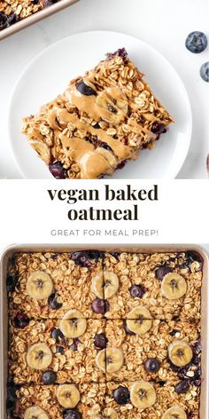 two pictures of granola bars with blueberries, bananas and peanut butter on top