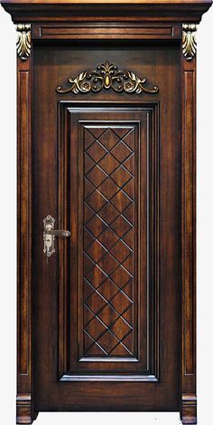 a wooden door with ornate carvings on the front and side panels, in dark wood