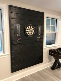 a dart board mounted to the side of a wall