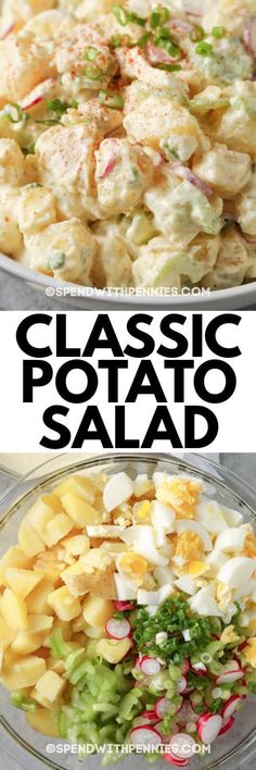 two pictures with different types of potato salad in them and the words classic potato salad below