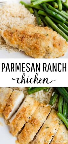 parmesan ranch chicken with green beans and rice on a white plate in the foreground