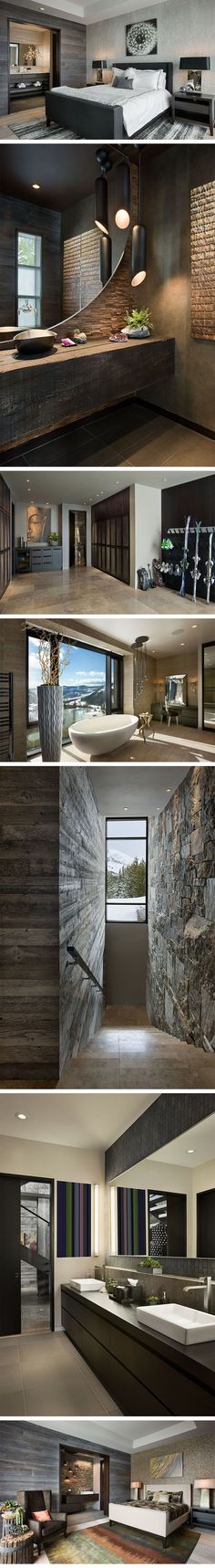 four different views of the interior of a house with wood floors and stone walling