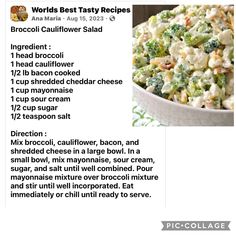 broccoli and cauliflower salad recipe in a white bowl with information about it