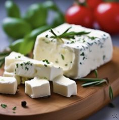 several pieces of cheese on a cutting board with tomatoes and herbs in the back ground