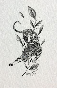 a black and white drawing of a leopard with leaves on it's back legs